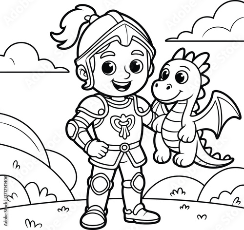 Cute cartoon knight in armor with a friendly little dragon standing in a whimsical landscape with rolling hills and clouds perfect for coloring pages