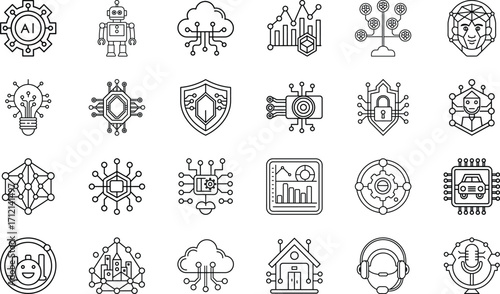 Neural Network, Deep Learning, Robotics Automation, Cloud Data, Chatbot Assistant, Cybersecurity, Voice Recognition, Blockchain, Internet of Things, and Machine Learning Vector Collection