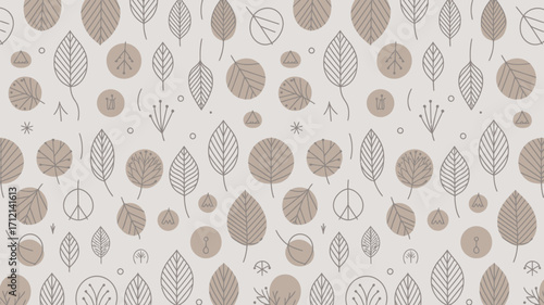 Beige background with repeating leaf and circle patterns in shades of brown and gray color scheme art