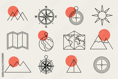A collection of travel themed line art icons featuring compasses maps mountains and suns with orange circles