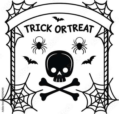 Vector art of halloween trick or treat graphic with skull, crossbones, spiders, bats, and spiderwebs