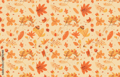 Vector design of Vibrant autumn themed banner background featuring a simple repeating pattern in a flat design style, with warm colors such as orange, yellow, and red, 