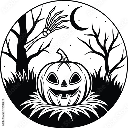 Vector art of a spooky halloween illustration featuring a carved pumpkin with a scary face, bare trees, a crescent moon, and a skeleton hand reaching out from the darkness