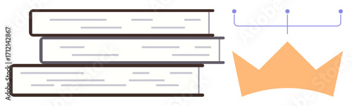 Stack of three books next to a crown with connecting dots, representing the concept of knowledge, education, achievement. Ideal for study, wisdom, leadership, academic success, literature goals
