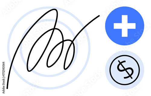 Abstract black signature sweep with concentric circles, blue health cross, and currency icon. Ideal for business, finance, medical, contracts, agreements authenticity digitalization. Simple flat