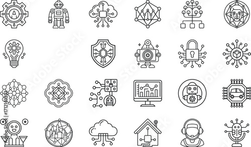 Neural Network, Deep Learning, Robotics Automation, Cloud Data, Chatbot Assistant, Cybersecurity, Voice Recognition, Blockchain, Internet of Things, and Machine Learning Vector Collection