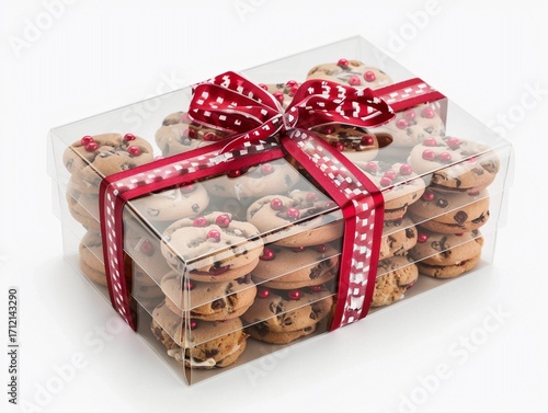 Gift box filled with assorted cookies decorated with red ribbon and sprinkles for festive occasions