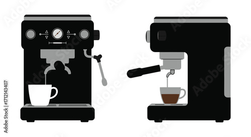 Two black espresso machines brewing coffee into white ceramic cups