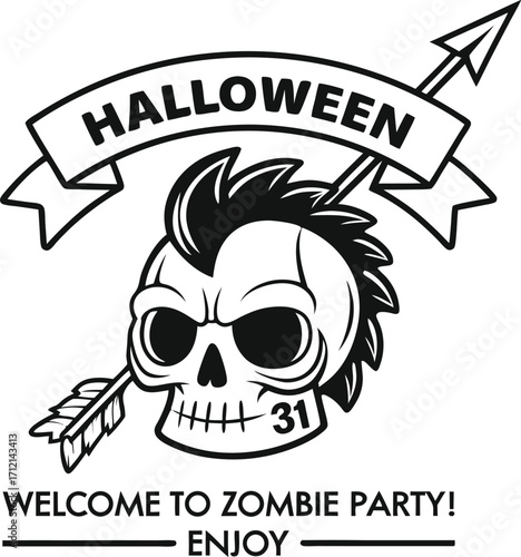 Vector art of halloween skull with mohawk and arrow