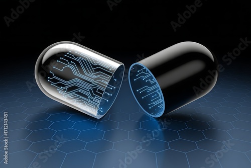 Wallpaper Mural Conceptual representation of digital medicine depicting a pill containing circuit board technology on a hexagonal pattern. Torontodigital.ca