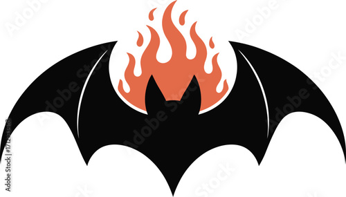 Black bat with orange flames rising from its head and wings spread wide fire