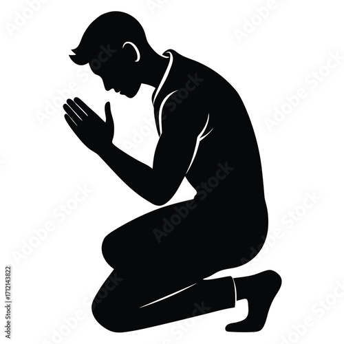 "Man Praying on Knees Silhouette Vector"