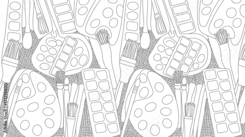 Seamless pattern of art supplies including paint brushes and palettes in black and white outline style