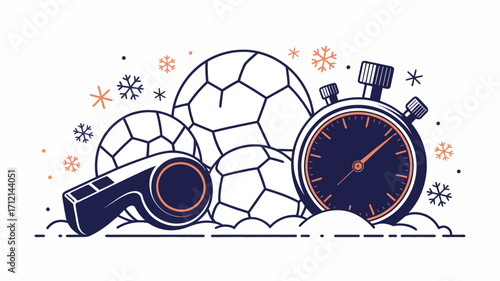 Illustration showing soccer balls, a whistle, and a stopwatch surrounded by snowflakes on white
