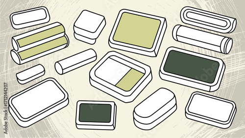 A collection of rectangular and cylindrical objects with white borders and green and white fills