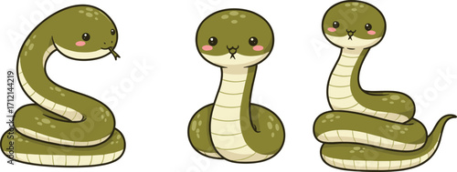 Cute snake cartoon illustration, adorable reptile vector art, green snake character, funny animal clipart, kawaii style snake design for kids