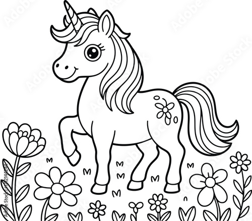 Adorable cartoon unicorn with a flowing mane and tail stands in a field of simple flowers perfect for coloring pages