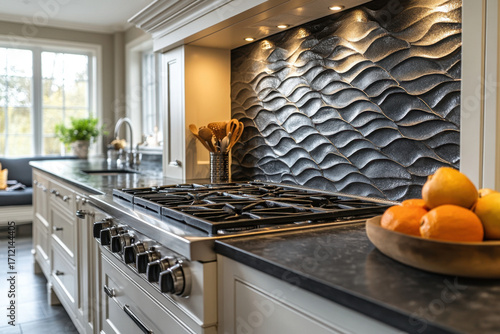 Bowl of colorful fruit on stove in kitchen.