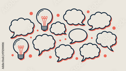 Illustration showing light bulbs and speech bubbles on a light background with red dots scattered around