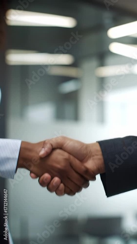 Close-up video of two diverse professionals in business attire firmly shaking hands, subtle push-in, blurred office with bokeh background. Concept of successful partnership