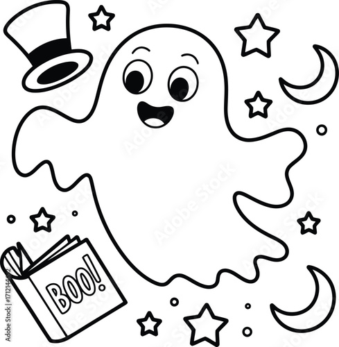 Cute cartoon ghost with a top hat stars moons and a book that says boo perfect for halloween coloring pages and decorations