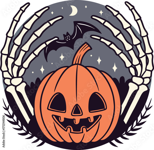 Vector art of spooky halloween pumpkin with skeleton hands and bat illustration