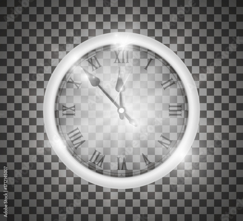 New year concept. Silver realistic transparent vintage clock isolated on transparent background. Christmass concept. Vector illustration