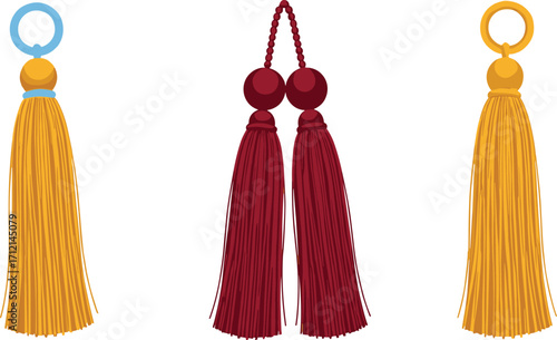 Decorative tassel illustration, hanging ornament vector, textile accessory design, curtain tieback decoration, fashion detail artwork, colorful tassels, interior decor element