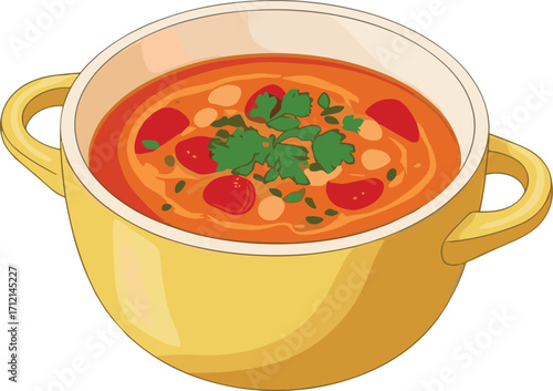 Delicious hot vegetable soup in yellow pot, healthy homemade meal, organic vegetarian dish, fresh tomato broth, comforting traditional recipe
