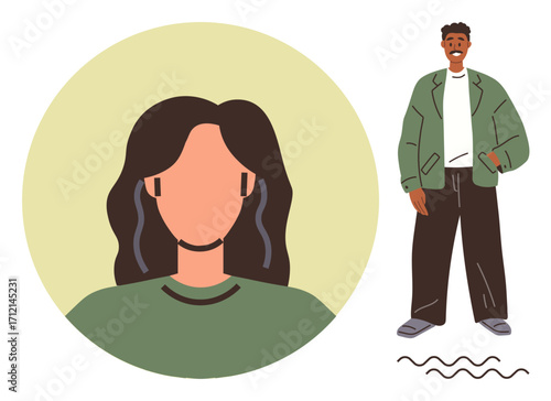 Diverse characters, a smiling man in casual clothing and a faceless portrait with long hair. Ideal for inclusivity, diversity, personal identity, modern style, communication, representation, simple