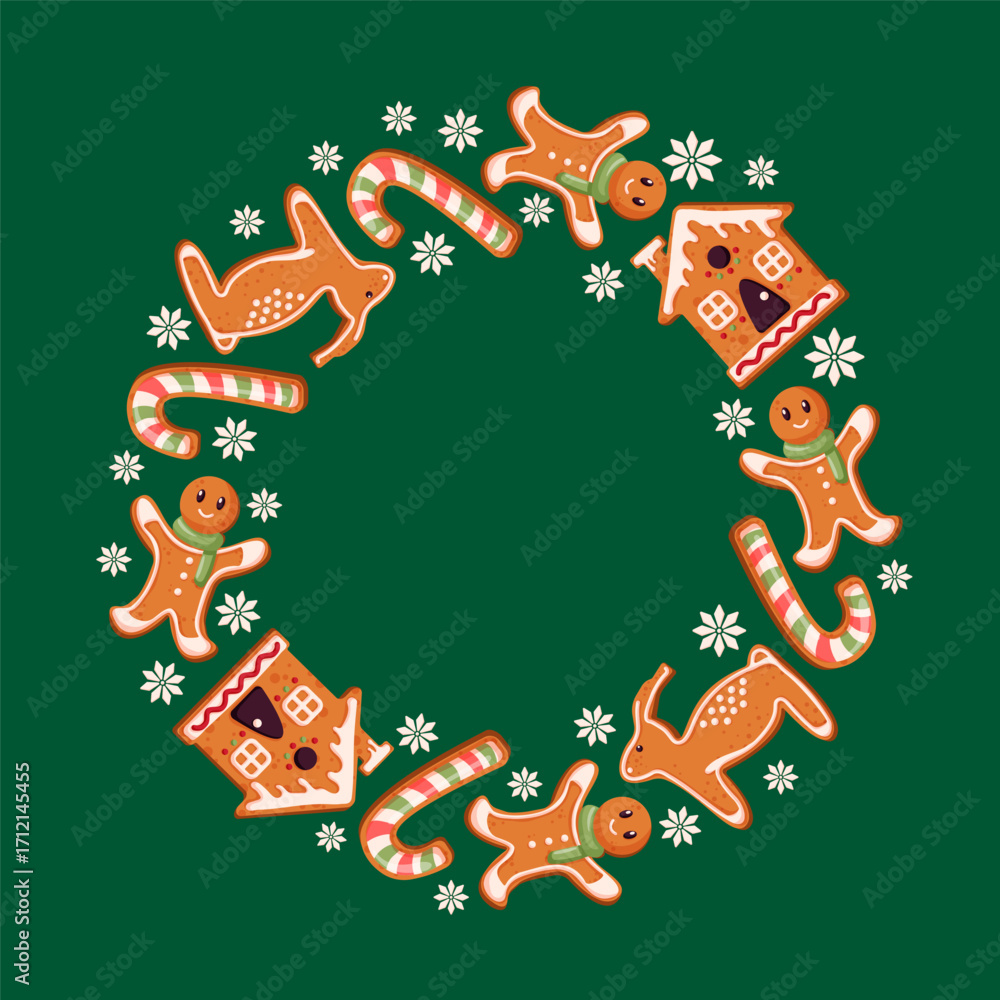Fototapeta premium Christmas gingerbread cookie wreath with candy cane, houses, reindeer and snowmen arranged in circle on green background with white snowflakes in cartoon.