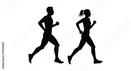 Silhouetted couple running showcasing movement and athletic activity in minimal design