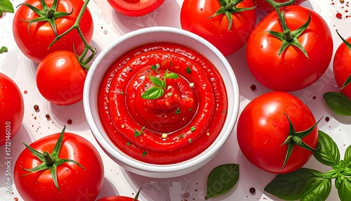 Fresh tomato sauce in a bowl surrounded by whole and sliced tomatoes