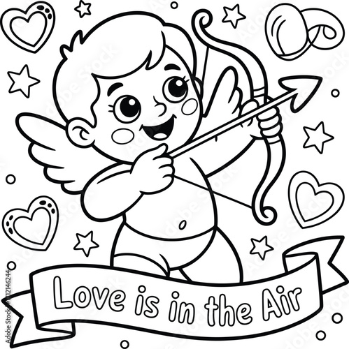 Cute cartoon cupid with bow and arrow ready to shoot surrounded by hearts and stars with a banner that says love is in the air