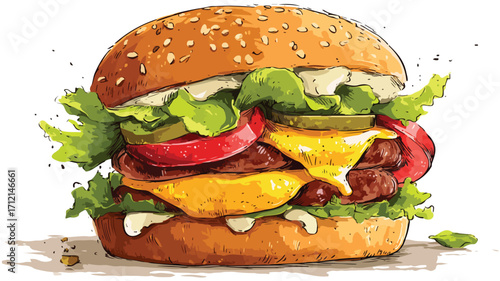 Delicious Gourmet Burger Illustration for Food Lovers and Restaurants