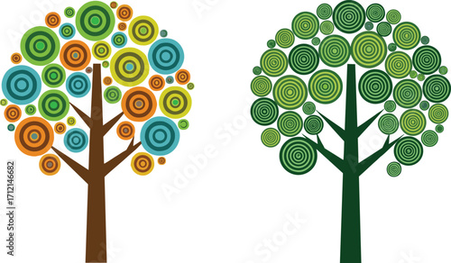 Colorful abstract tree illustration with circular pattern leaves, creative nature vector design, eco friendly artwork, decorative tree graphic background