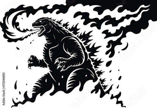 Black monster dinosaur breathing fire and surrounded by flames dragon creature