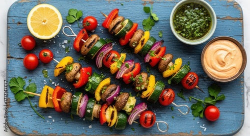 Overhead view of colorful vegetable skewers with dipping sauces and lemon on a blue wooden board for a healthy and delicious meal