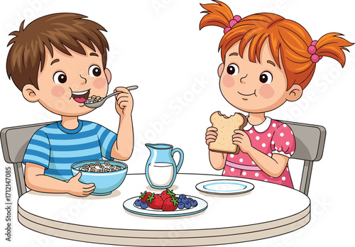 “Two children eating breakfast at table, boy with cereal and milk, girl with bread and fruit, happy kids morning illustration”