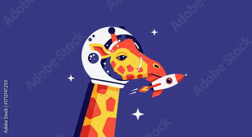 Giraffe Astronaut Holding Rocket in Space Adventure.