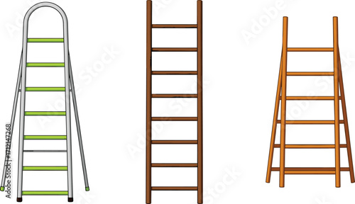 Different types of ladders illustration set including step ladder, wooden ladder, construction equipment, tool design, safety climbing, work accessory clipart