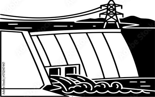 Hydroelectric Power Dam Icon vector - Renewable Energy Generation Symbol in Line and Solid Illustration