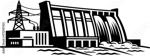 Hydroelectric Power Dam Icon vector - Renewable Energy Generation Symbol in Line and Solid Illustration