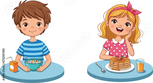 “Two children eating breakfast at table, boy with cereal and milk, girl with pancakes and juice, happy kids morning illustration”