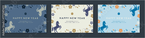 2026年午年の年賀状テンプレートセット　馬とモチーフイラスト素材