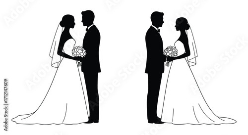 Elegant silhouettes of a bride and groom facing each other black and white