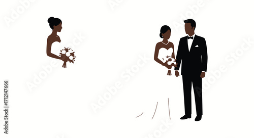 Silhouetted wedding couple standing with bouquets a joyful celebration of love
