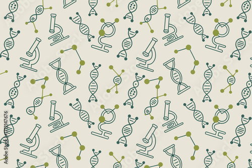 Seamless pattern featuring dna strands microscopes and molecular structures on a light background surface