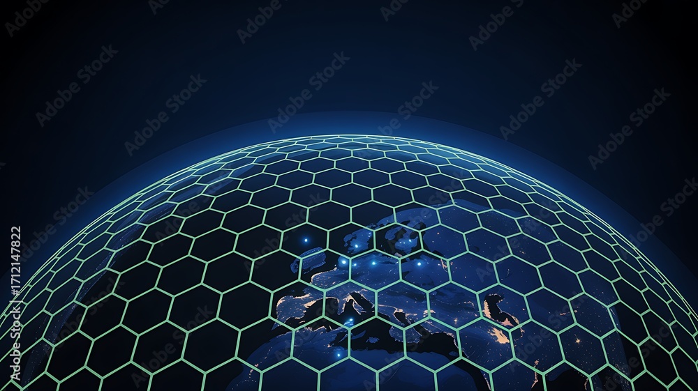Fototapeta premium Digital globe with hexagon network overlay depicting data security and global connectivity across the earth