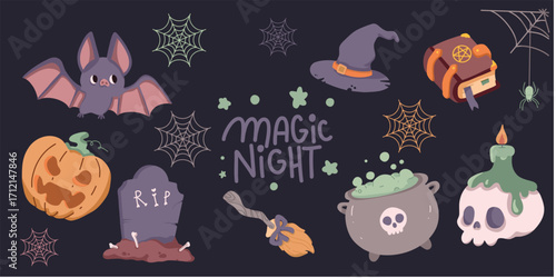 Set. Spooky and cute Halloween illustrations: witch hat, broom, grimoire, bat, pumpkin, and magic items. Ideal for parties, invites, and digital projects.

